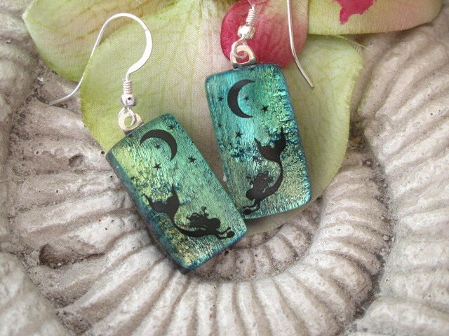 Mermaid Earrings - Dichroic Fused Glass Earrings - Fused Dichroic Glass Jewelry - 060612e105