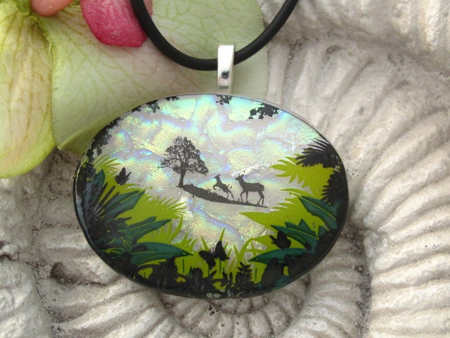 Dichroic Glass Pendant -Deer Forrest - Fused Glass Jewelry - Fused Glass  Pendant - Necklace 022312p103