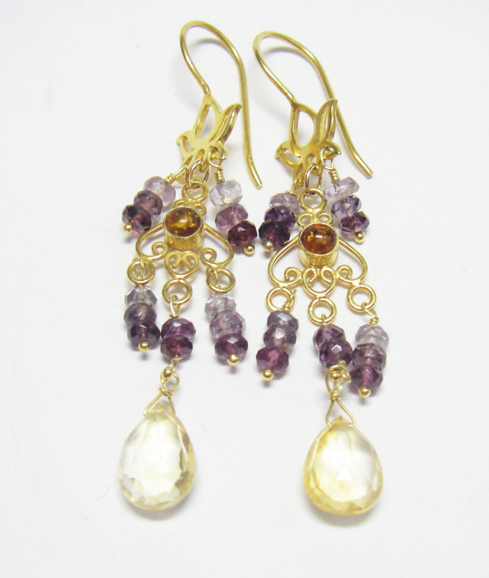 Purple Spinel, Citrine Earrings 24k Gold Vermeil over Sterling Silver
