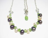 Gorgeous Black Pearls, Pink Pearls, Peridot Silver Chain Necklace