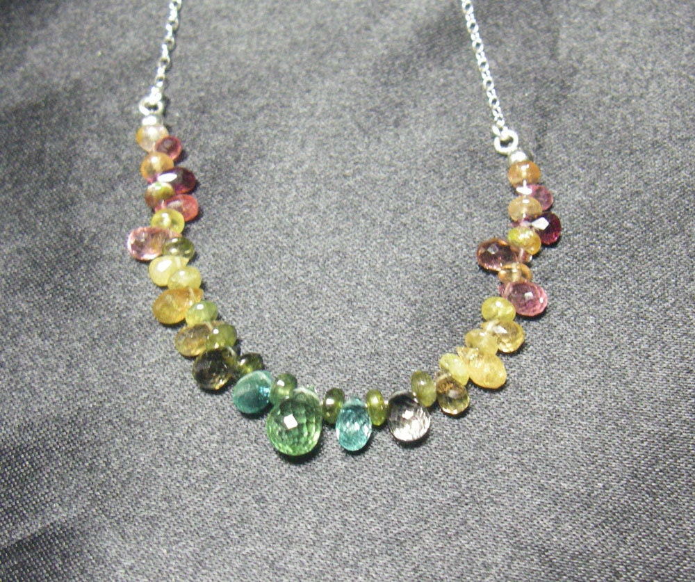 Gorgeous Rainbow Tourmaline Briolette, Silver Chain Necklace