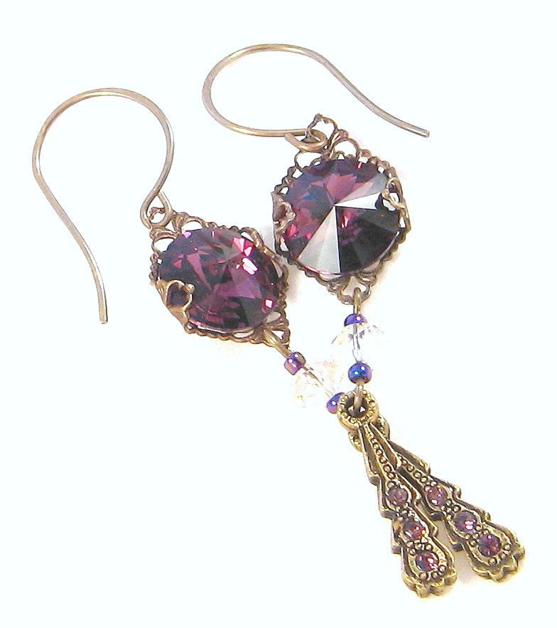 Purple Amethyst Swarovski Crystal Dangle Earrings Art Nouveau Antique Brass Handcrafted Jewelry by BrendasJewellryBox