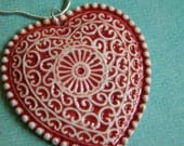 Filigree Heart Necklace- Large Porcelain Pendant in Red and White