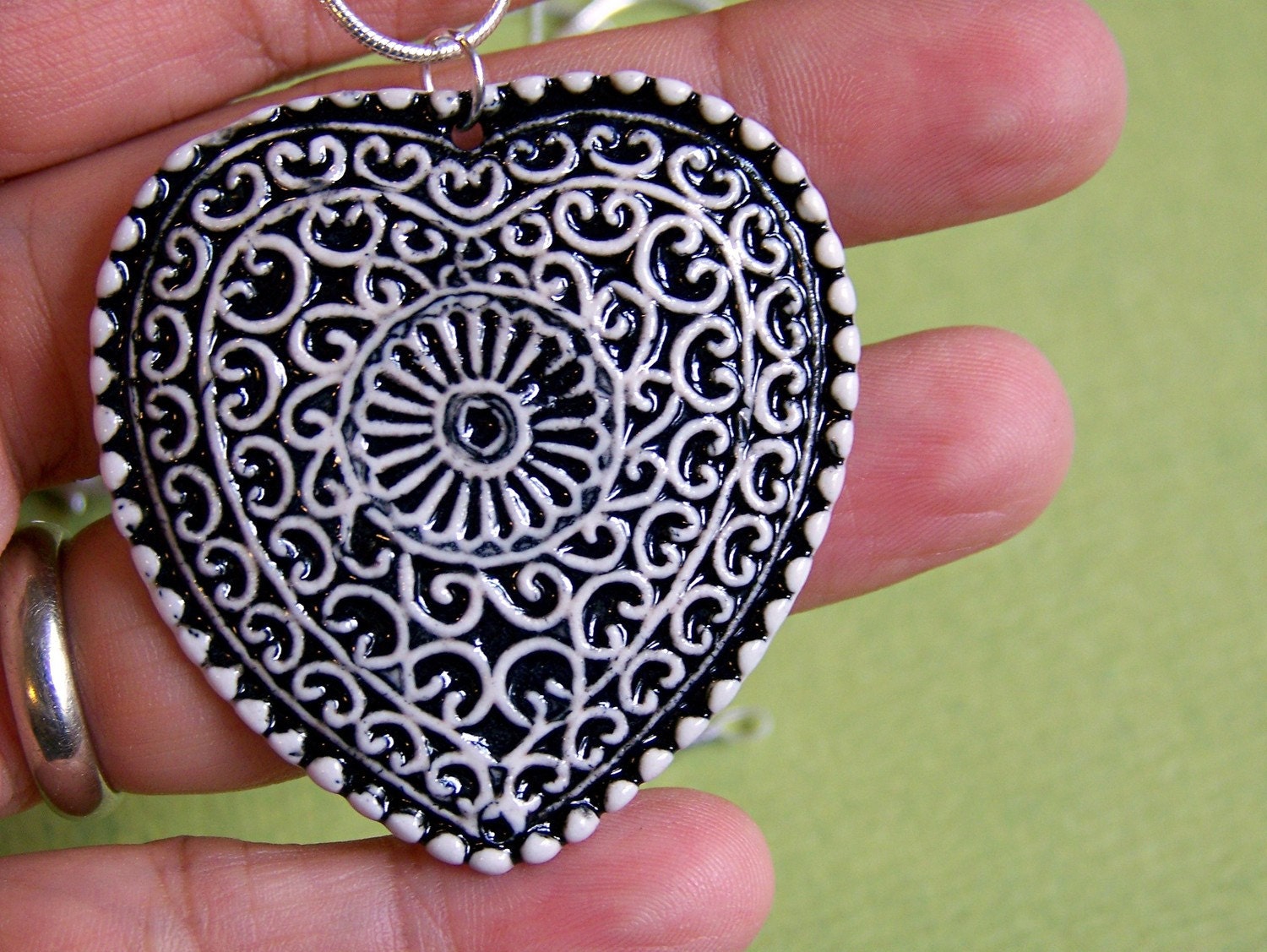 Filigree Heart Necklace- porcelain pendant in black and white