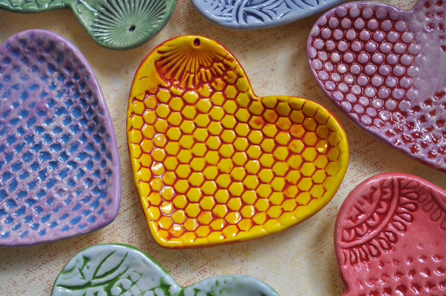 Have a Heart - small dish- yellow and red honeycomb pattern