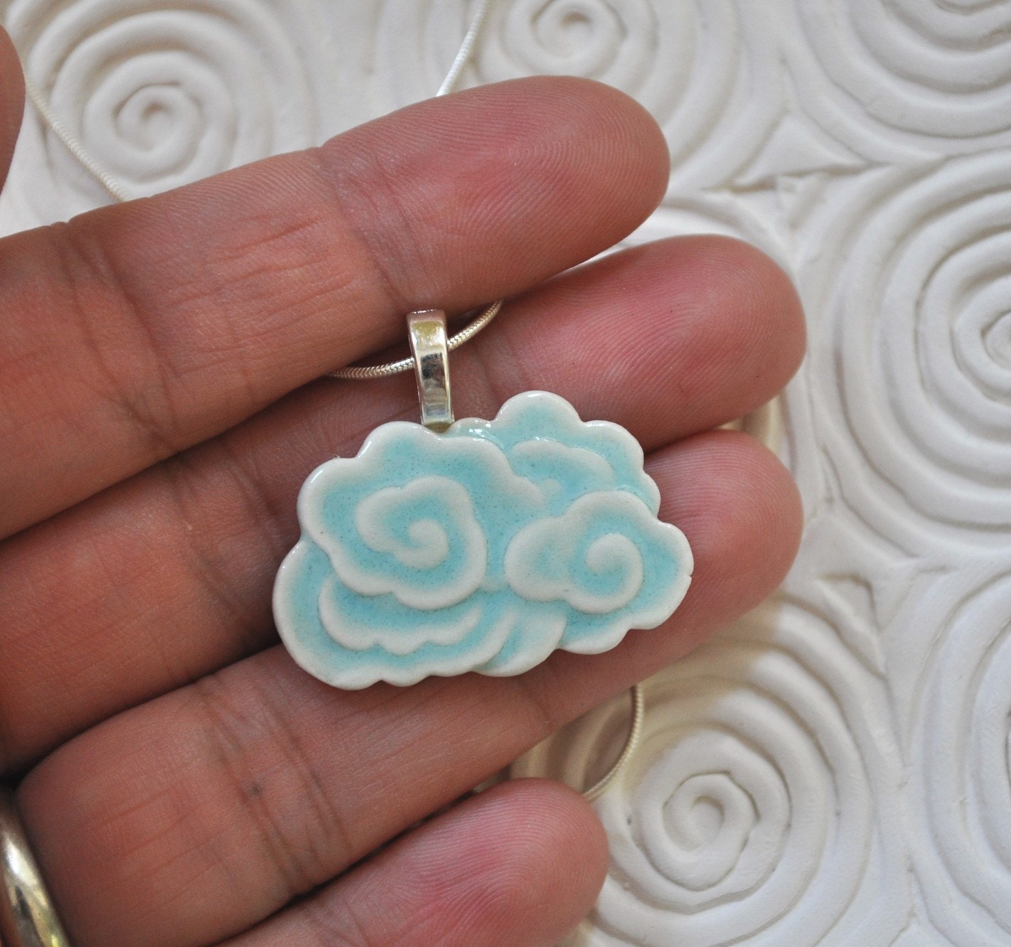 Dragon Cloud Porcelain Pendant Necklace glazed in soft aqua