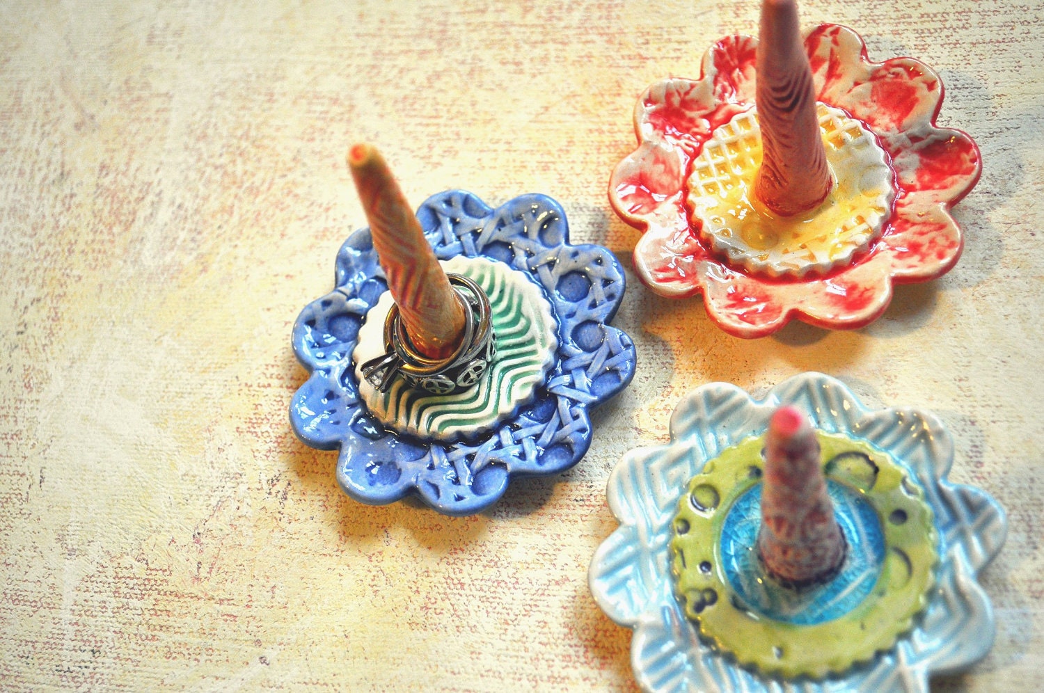 Wedding Ring Dish- Ring Blossom - pottery ring holder- baby blue, spring green and red with melted aqua glass