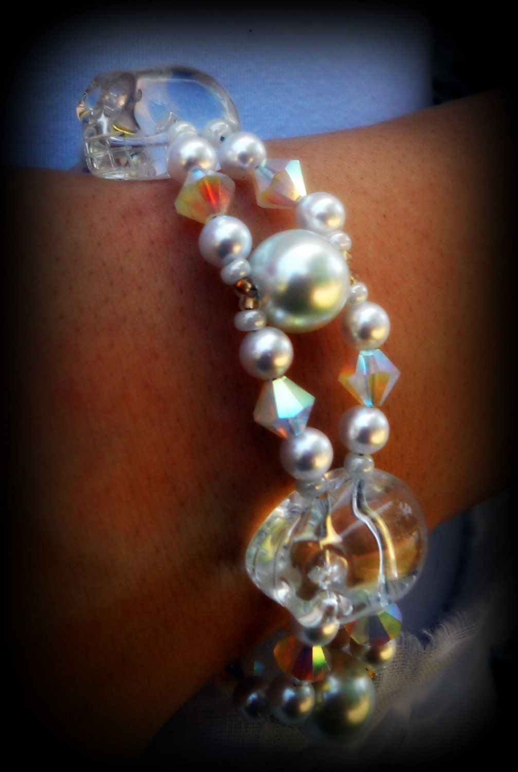 Double Strand Crystal Skull & Pearl  Bridal Bracelet