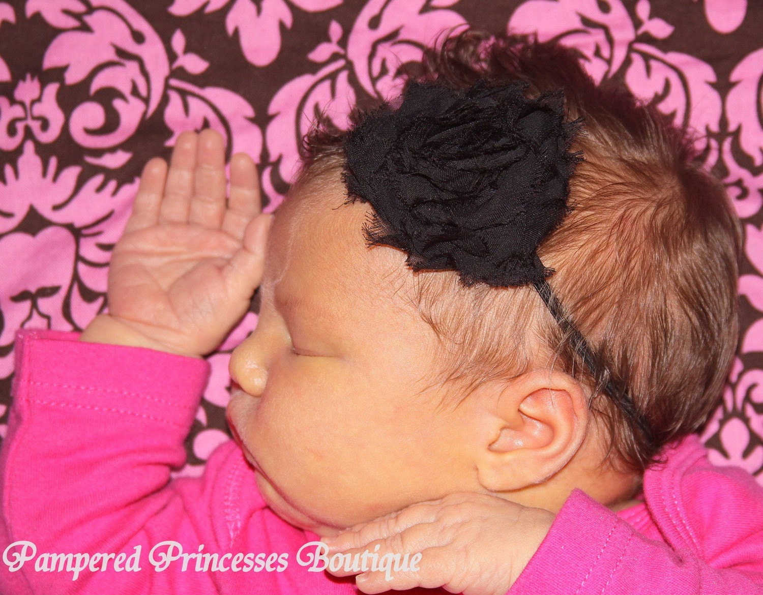 Black Chiffon Flower on Thin Dainty Elastic Headband Newborn Baby Toddler Girl Adult Wedding Flower Girl Photo Prop MUST HAVE