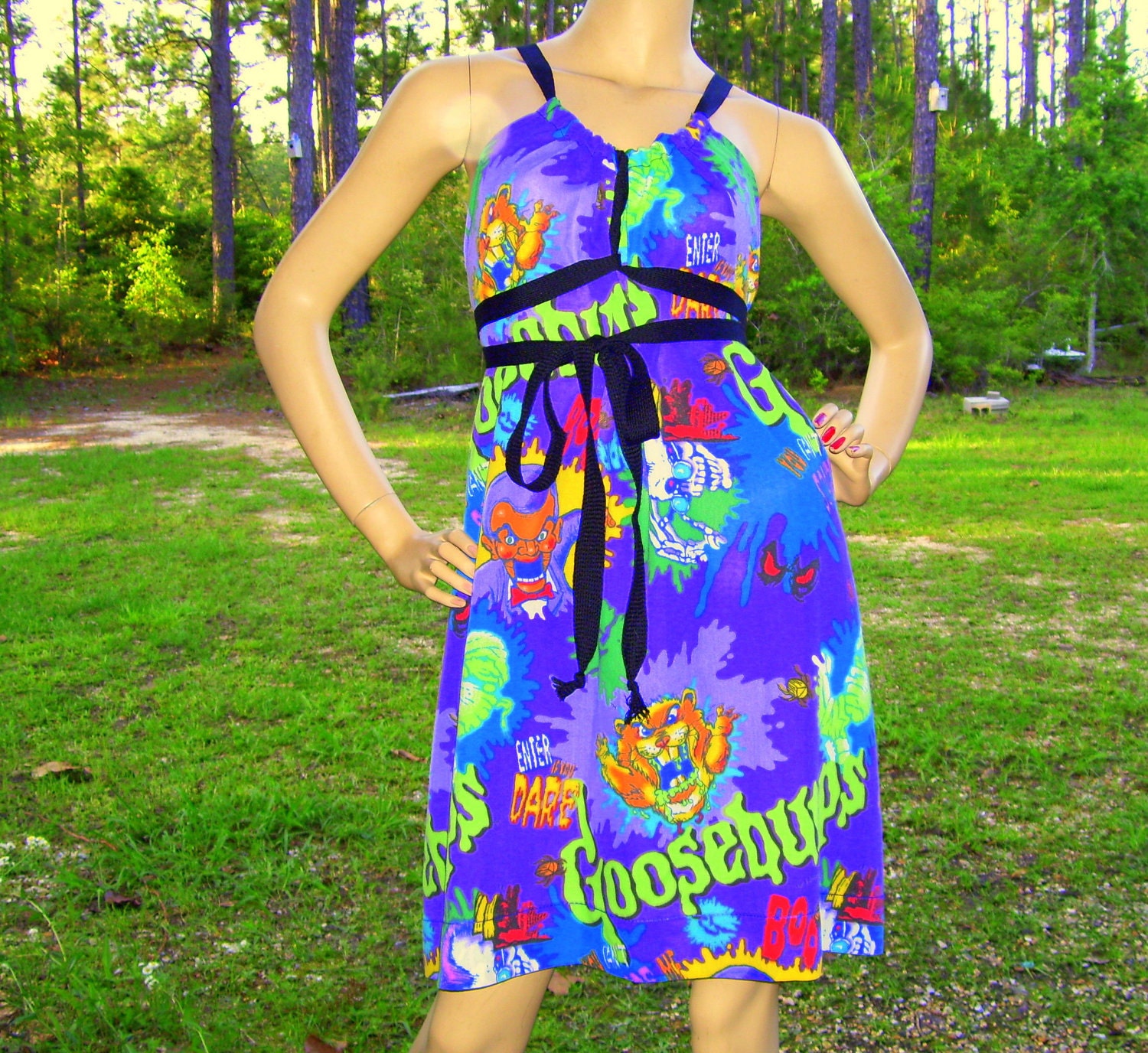 Goosebumps Dress OOAK Upcycled Geek Chic Sundress Mom Party Sundress Slime Green Bodice M to XL
