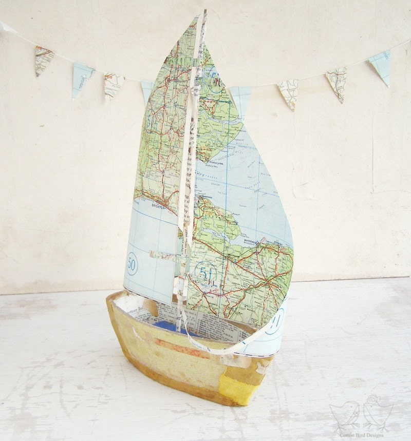 Book Boat with Vintage Map Paper Sails - Recycled books and papers
