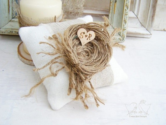 Custom Wedding Ring Pillow Ivory Burlap with Nest of Threads and personalized initial heart.