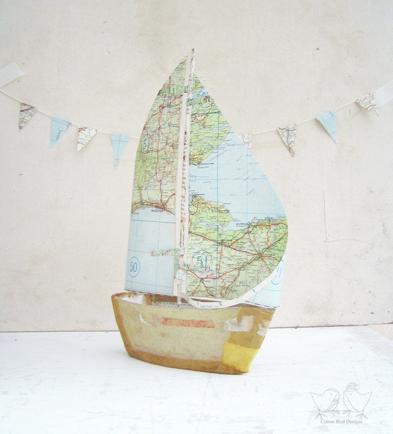 Book Boat with Vintage Map Paper Sails - Recycled books and papers