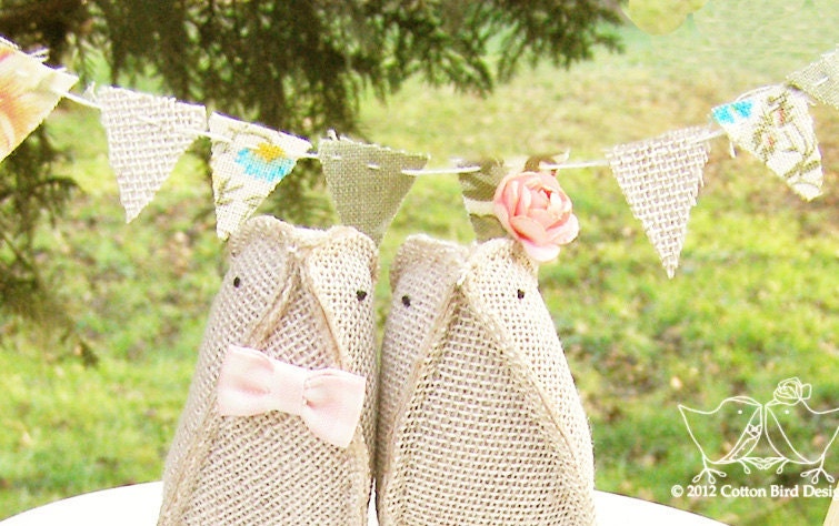 Burlap birds with Banner and carrying an personalized initial heart