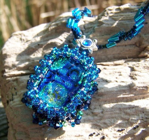 Tranqual Waters bead embroidered dicroic glass necklace