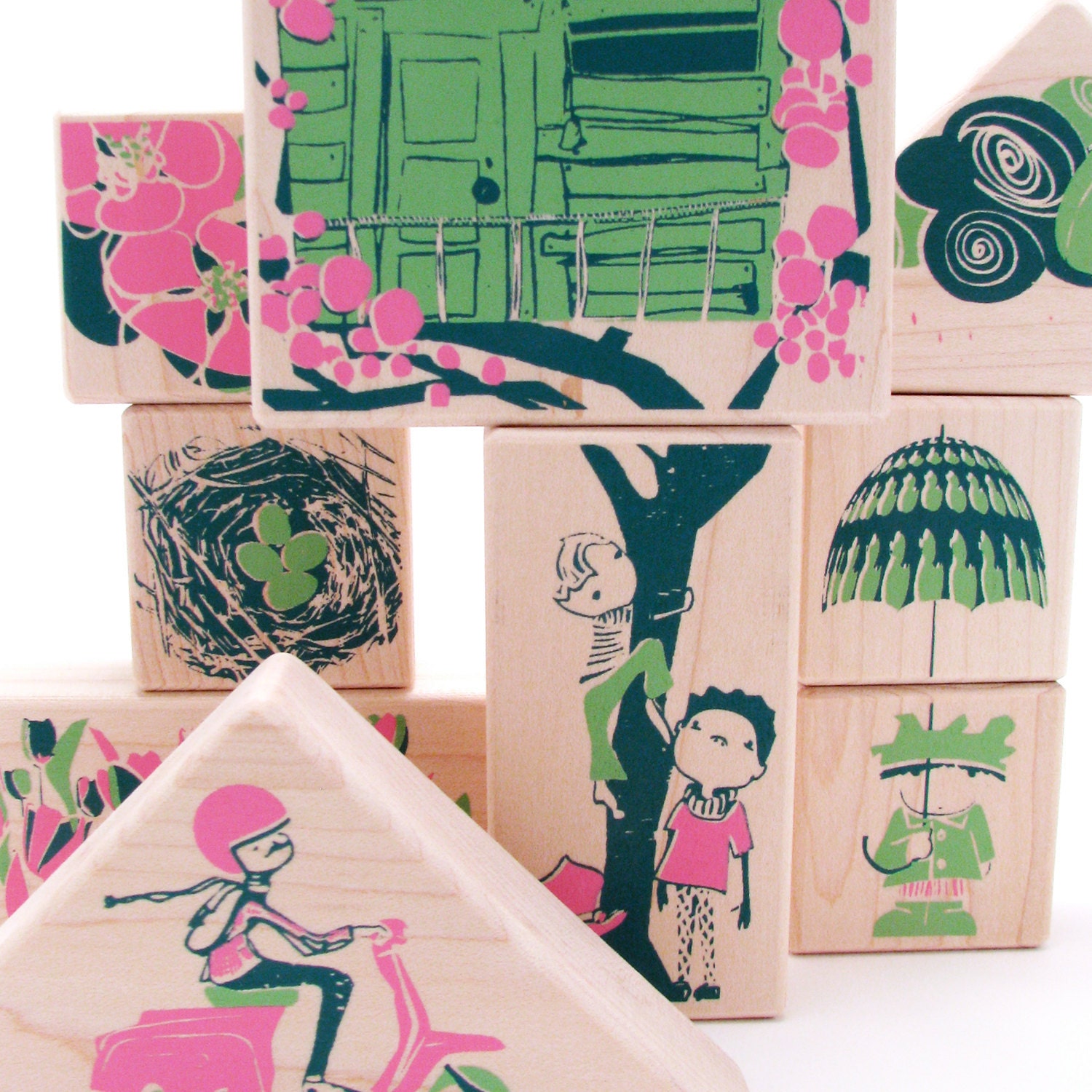 spring maple wooden blocks and puzzle- stacking toy -art