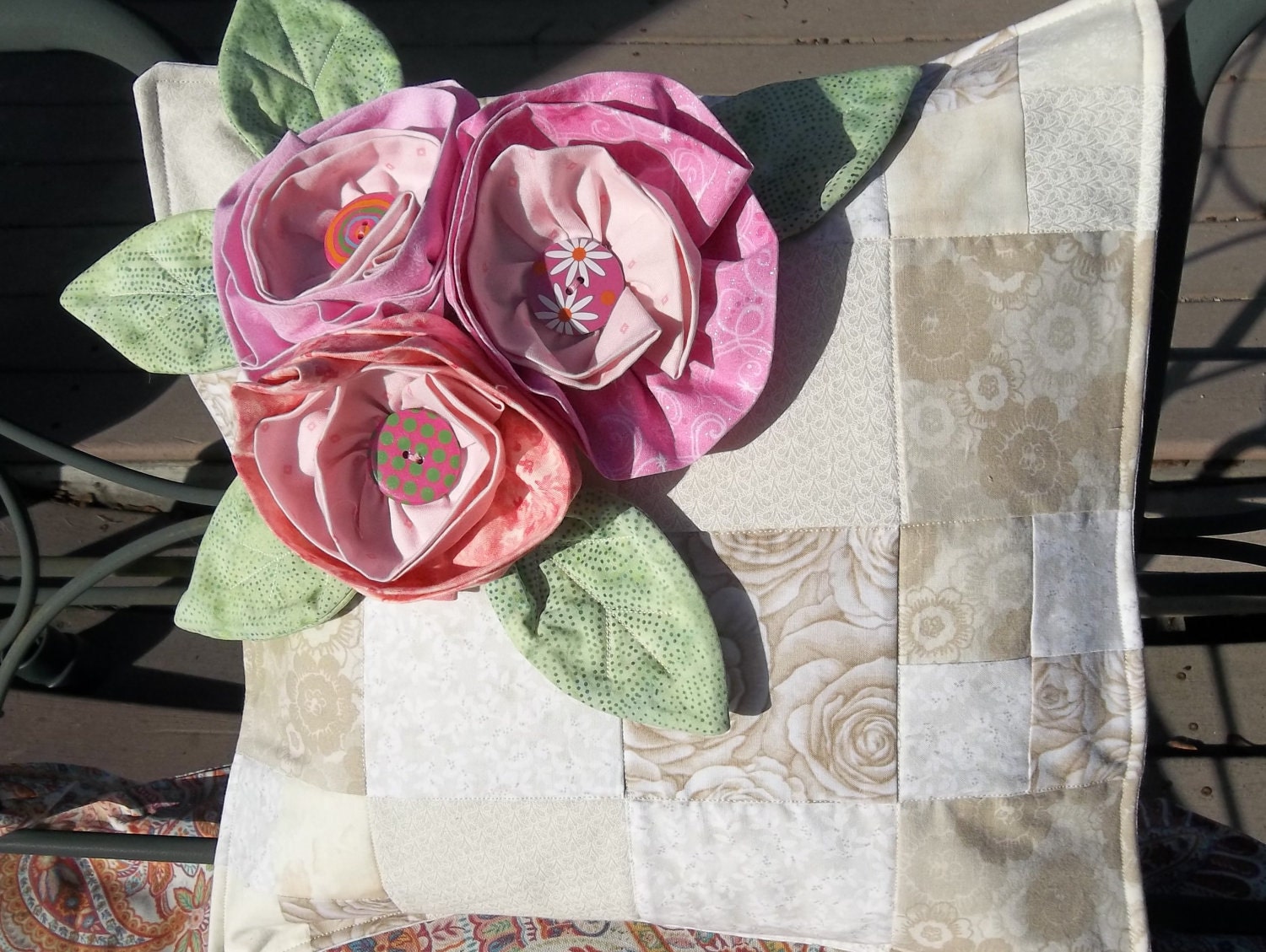 Patchwork Pillow Cover, Pink Ruffled Roses Pillow Cover