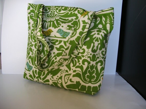 Love Birds...Large tote in a green damask