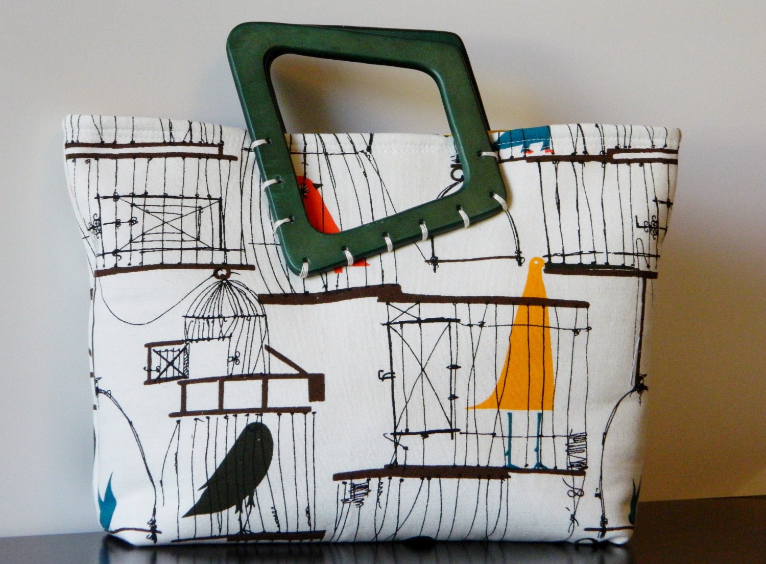 Handheld Purse with Wooden Handles 60's Retro Bird Cage Print
