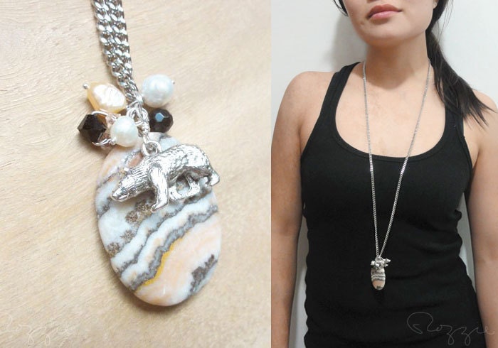Long Pendant Necklace Silver Curb Chain OOAK