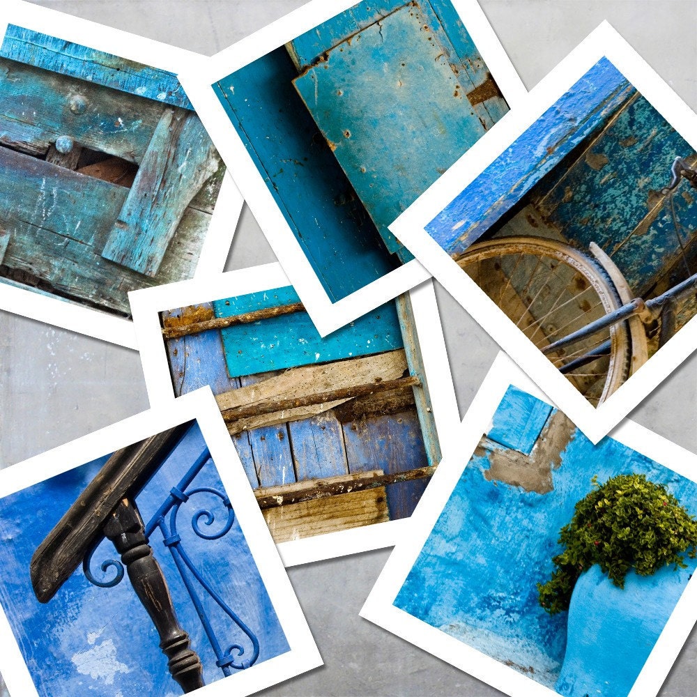 Blue Morocco photo print set - bicycle bike urn stairs shutters royal blue navy turquoise cerulian - Six 5 inches Square photos