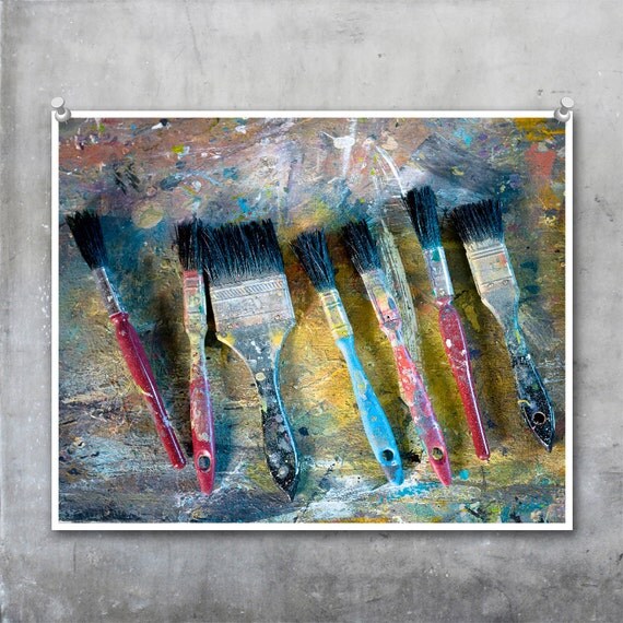 Artists paintbrushes on scratched board - red blue yellow brushes Fine Art Photography Photograph print wall decor 10x8 11x14 20x30 20x16
