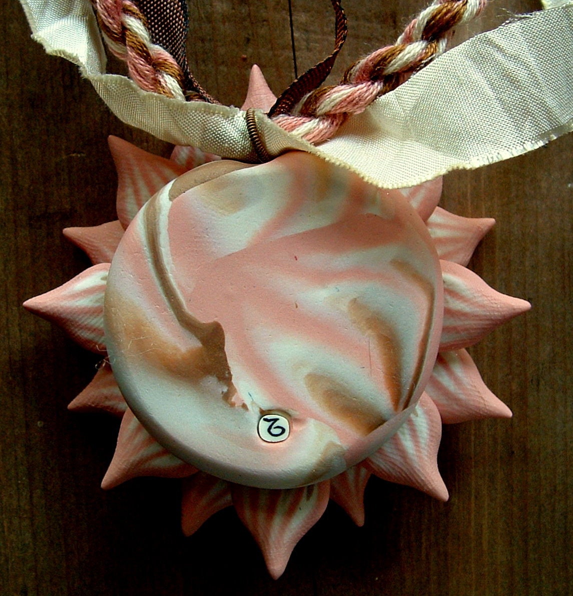 Flower Pendant, Pink and Brown, Hand Sculpted Polymer Clay
