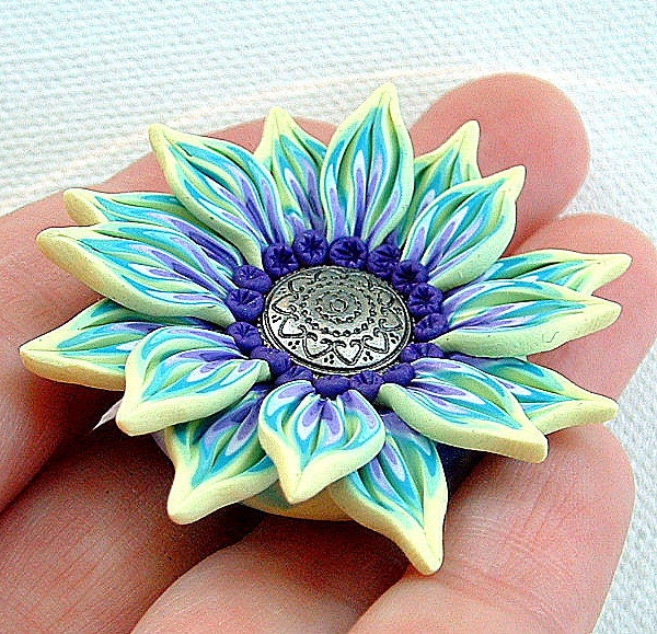Flower Pendant, hand-sculpted polymer clay, Yellow, Turquoise, Purple