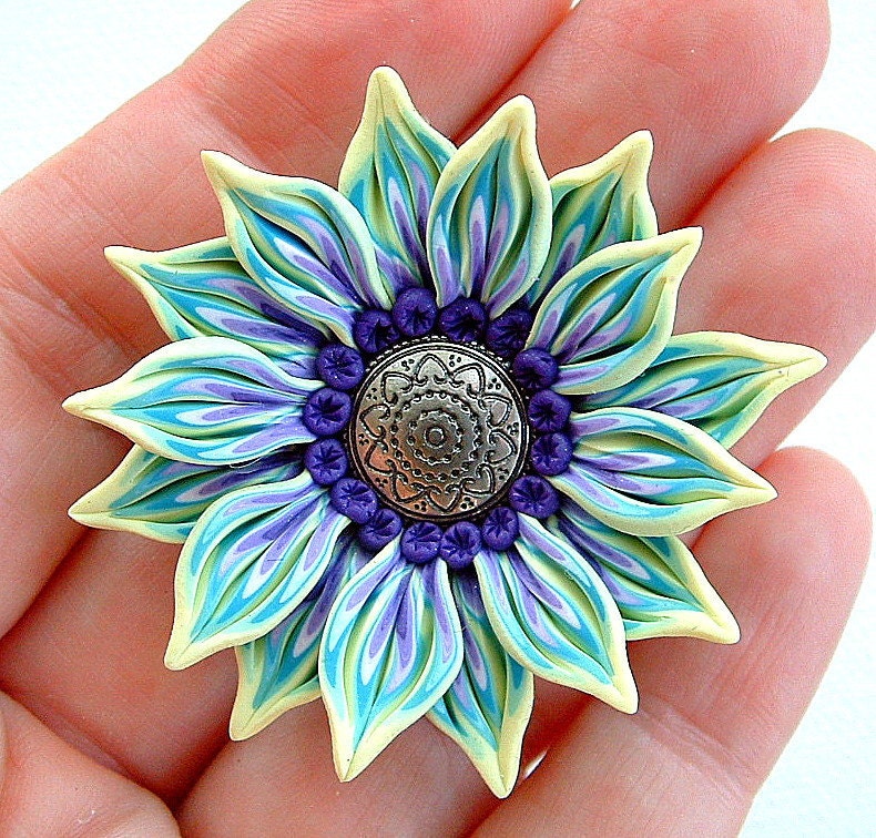 Flower Pendant, hand-sculpted polymer clay, Yellow, Turquoise, Purple
