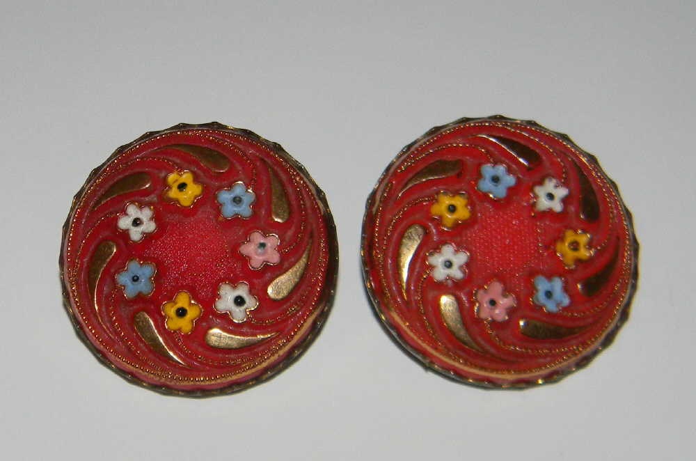 Vintage enameled Glass Earrings flower design reds pastels