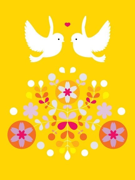 Original Open Edition Illustration Print of Two Modern Folk Birds titled "Joy"