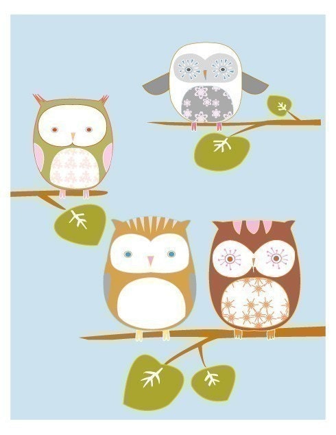 Illustration print of four owls titled "Sitting Pretty" (blue edition)