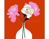 Illustration of flowers in a vase titled "Still Life with Peonies "(red orange)
