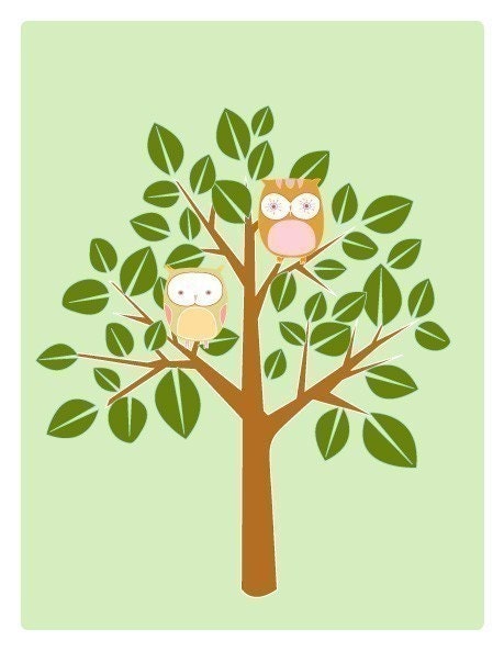Illustration print of owls sitting in a tree titled "Summer Owl Tree"