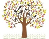 Illustration Print of Black Birds in a Tree titled "The Patchwork Tree"