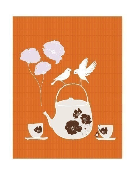 Illustration Print of a Tea Pot, Tea Cups and Birds titled "Tea For Two"
