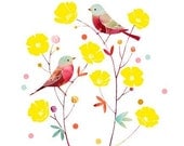Watercolor Illustration Print of Birds and Flowers titled "You Are My Buttercup"