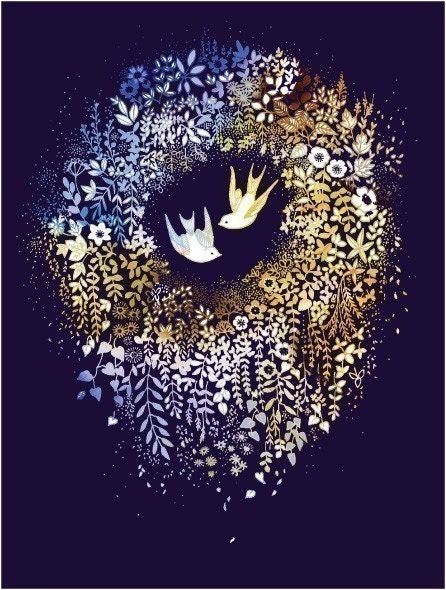 Watercolor Illustration Print of Two Love Birds titled "Love Wreath"