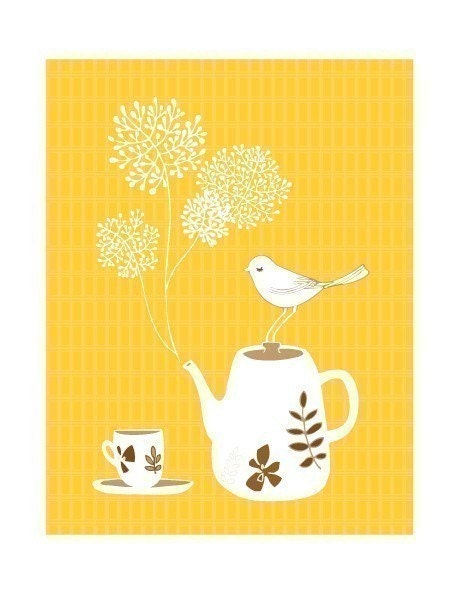 Illustration Print of a Bird, a Tea Pot and a Tea cup titled "Tea for One"