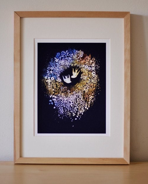 Watercolor Illustration Print of Two Love Birds titled "Love Wreath"