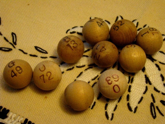 Ten Vintage Wooden Bingo Number Balls