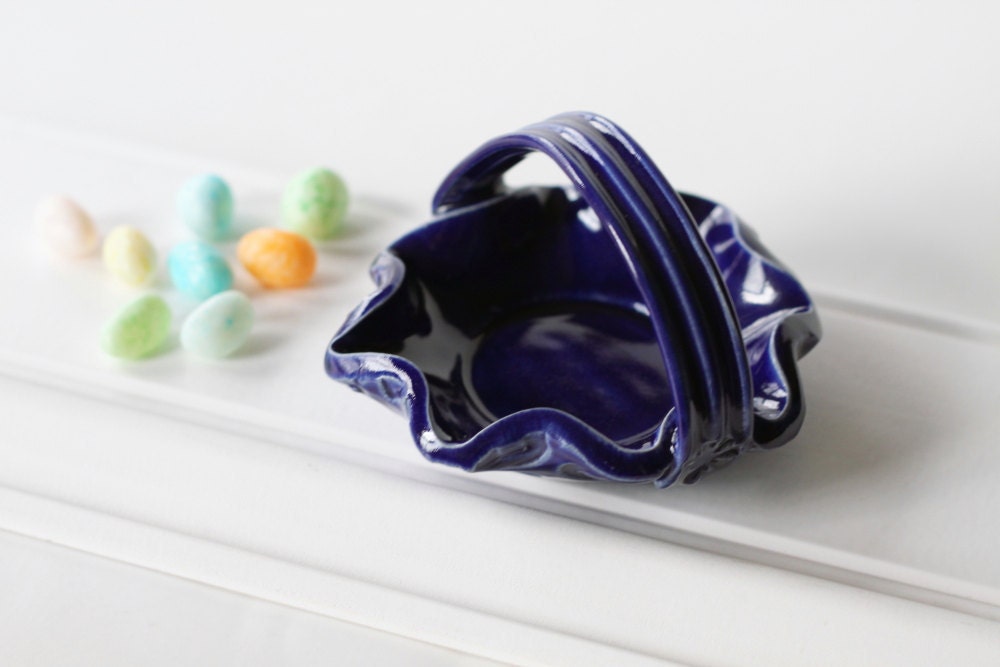 Sweet Ring Dish, Clay Basket with Handle, Glazed in Deep Blue