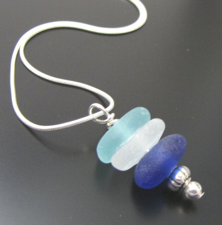 Genuine Beach Combed Ocean Blue Sea Glass Necklace - Sterling Silver Jewelry