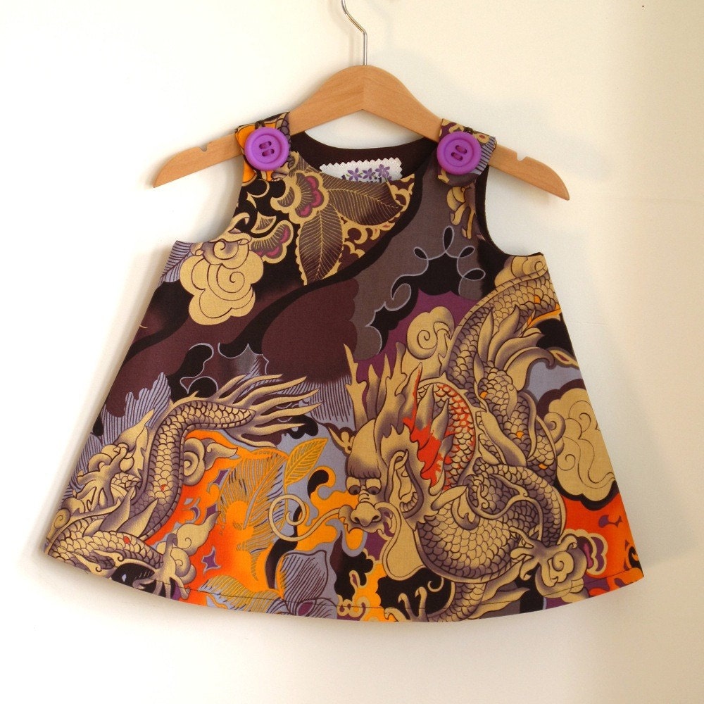 Reserved for xiaoxiao - Tattoo Dragon orange and purple infant or toddler dress children girls clothing - size 12m