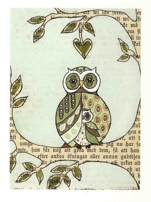 Under my wing -  Owl - Mother and child - Print