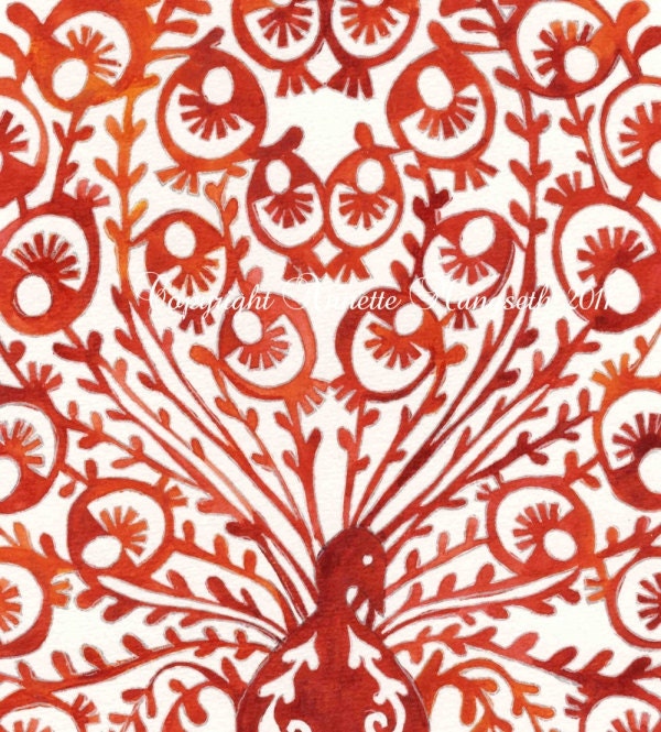 Original illustration - Watercolour -  Red Peacock