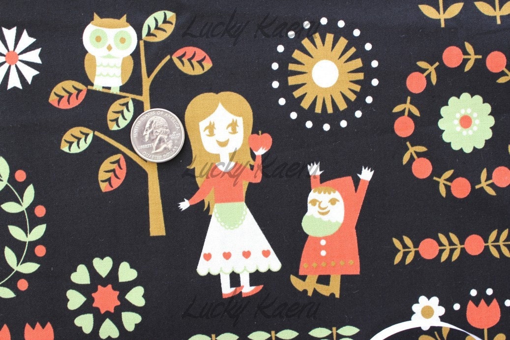 Kawaii Japanese Snow White on Black Fabric - Half Yard