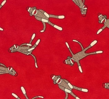 Erin Michael, 5 Funky Monkeys, Sock Monkeys Allover on Red Fabric - By the Yard