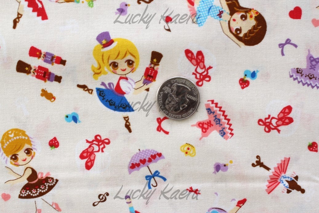 Cute Doll Ballerinas on Cream Japanese Fabric - Half Yard