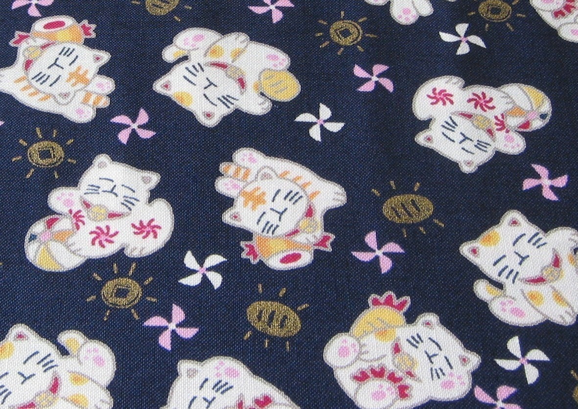 Kawaii Maneki Neko (Good Luck Cat) Fabric on Navy - Half Yard (OOP)